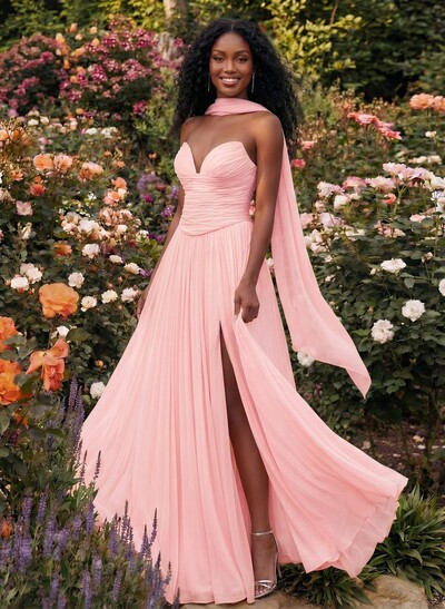 A-Line Strapless Sweep Train Chiffon Bridesmaid Dresses With Pleated/High Split