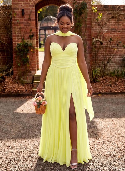 A-Line Strapless Floor-Length Chiffon Bridesmaid Dresses With Pleated/High Split
