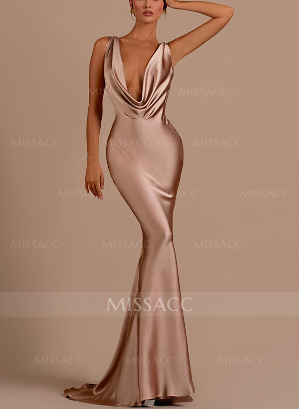 Trumpet/Mermaid Cowl Neck Sleeveless Silk Like Satin Bridesmaid Dresses With Back Hole