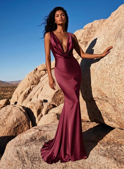 Trumpet/Mermaid Cowl Neck Sleeveless Silk Like Satin Bridesmaid Dresses With Back Hole