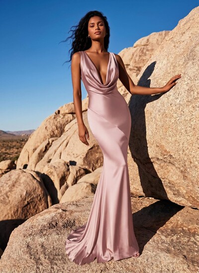 Trumpet/Mermaid Cowl Neck Sleeveless Silk Like Satin Bridesmaid Dresses With Back Hole