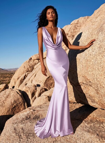 Trumpet/Mermaid Cowl Neck Sleeveless Silk Like Satin Bridesmaid Dresses With Back Hole