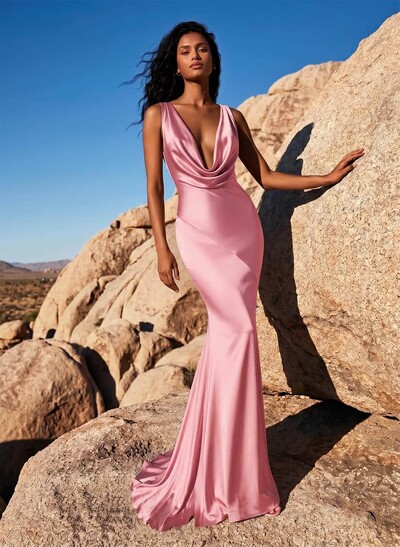 Trumpet/Mermaid Cowl Neck Sleeveless Silk Like Satin Bridesmaid Dresses With Back Hole