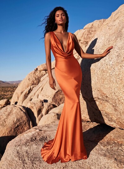 Trumpet/Mermaid Cowl Neck Sleeveless Silk Like Satin Bridesmaid Dresses With Back Hole
