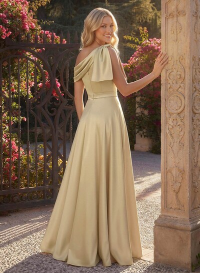 A-Line Asymmetrical Sleeveless Floor-Length Satin Bridesmaid Dresses With Bow(s)/High Split