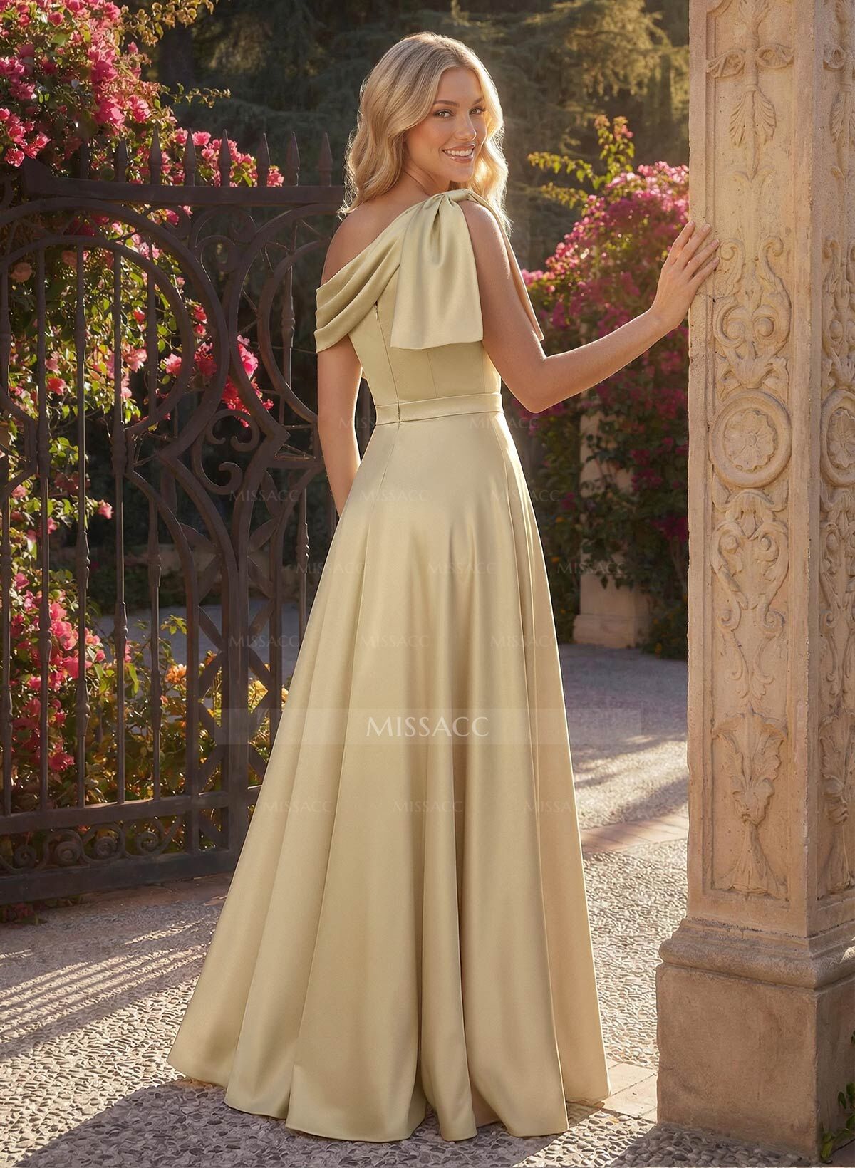 A-Line Asymmetrical Sleeveless Floor-Length Satin Bridesmaid Dresses With Bow(s)/High Split