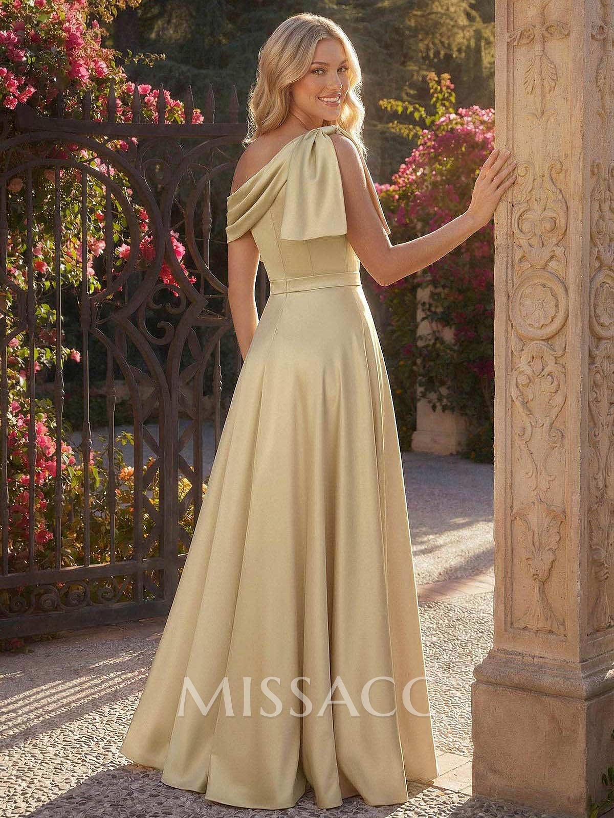 A-Line Asymmetrical Sleeveless Floor-Length Satin Bridesmaid Dresses With Bow(s)/High Split A-Line Asymmetrical Sleeveless Floor-Length Satin Bridesmaid Dresses With Bow(s)/High Split