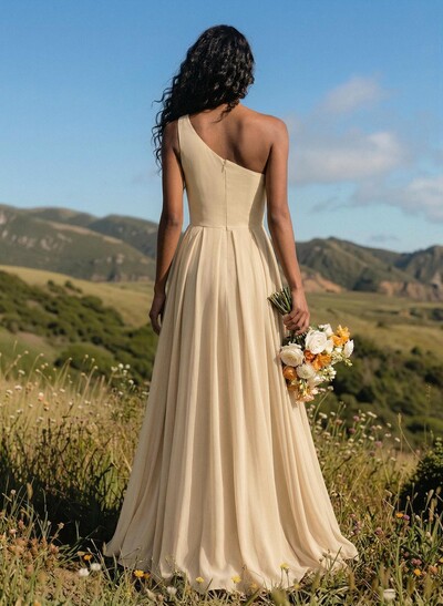 A-Line One-Shoulder Sleeveless Floor-Length Chiffon Bridesmaid Dresses With High Split