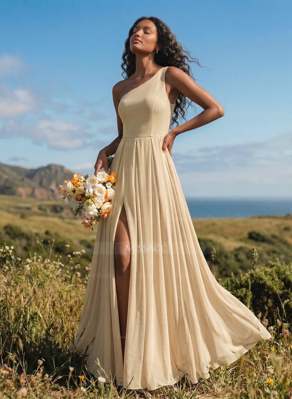 A-Line One-Shoulder Sleeveless Floor-Length Chiffon Bridesmaid Dresses With High Split