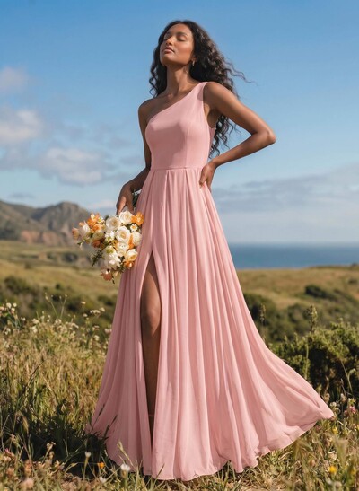 A-Line One-Shoulder Sleeveless Floor-Length Chiffon Bridesmaid Dresses With High Split