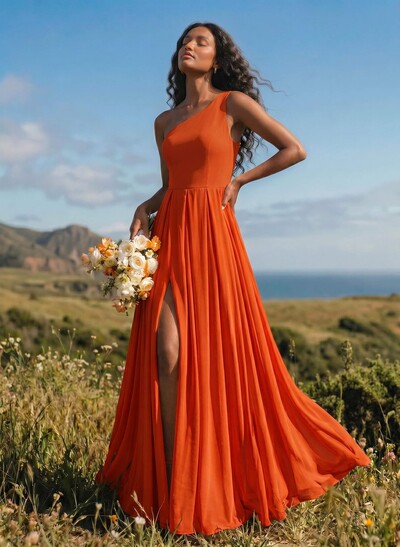 A-Line One-Shoulder Sleeveless Floor-Length Chiffon Bridesmaid Dresses With High Split