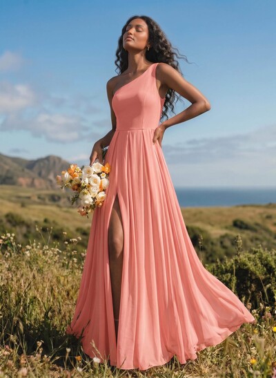 A-Line One-Shoulder Sleeveless Floor-Length Chiffon Bridesmaid Dresses With High Split
