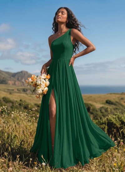 A-Line One-Shoulder Sleeveless Floor-Length Chiffon Bridesmaid Dresses With High Split