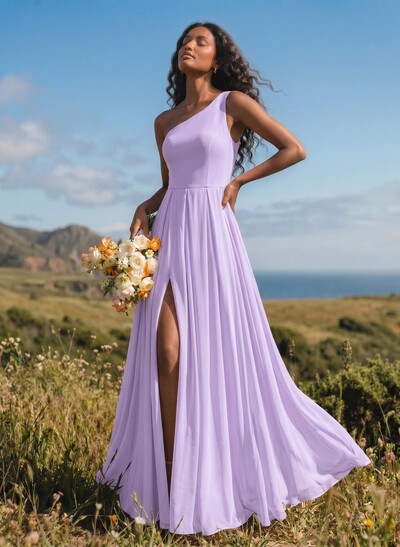 A-Line One-Shoulder Sleeveless Floor-Length Chiffon Bridesmaid Dresses With High Split