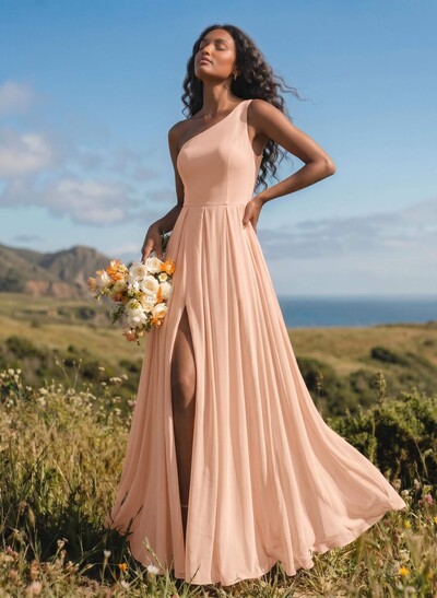 A-Line One-Shoulder Sleeveless Floor-Length Chiffon Bridesmaid Dresses With High Split