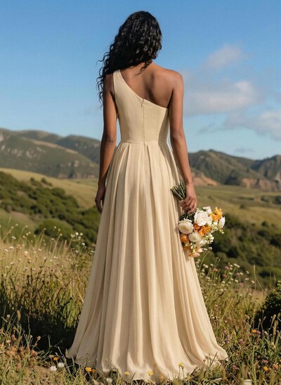 A-Line One-Shoulder Sleeveless Floor-Length Chiffon Bridesmaid Dresses With High Split