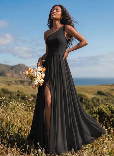 A-Line One-Shoulder Sleeveless Floor-Length Chiffon Bridesmaid Dresses With High Split