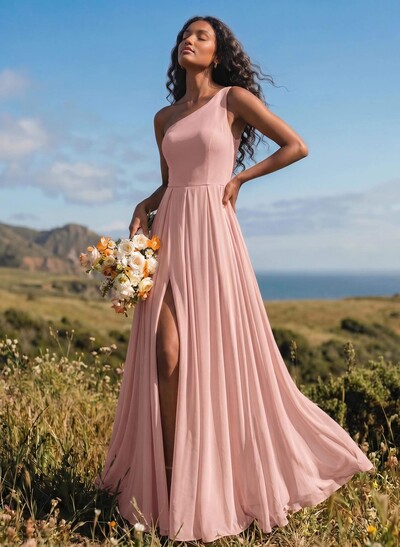 A-Line One-Shoulder Sleeveless Floor-Length Chiffon Bridesmaid Dresses With High Split