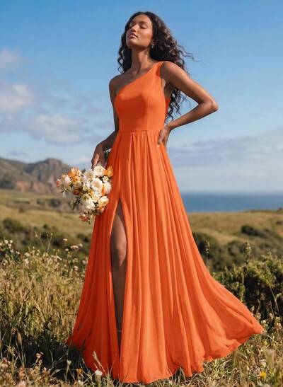 A-Line One-Shoulder Sleeveless Floor-Length Chiffon Bridesmaid Dresses With High Split