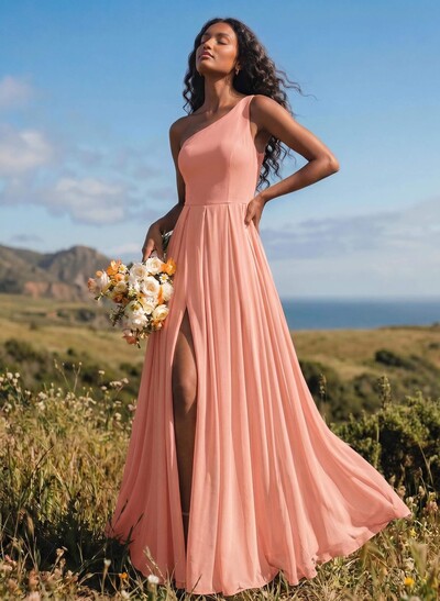 A-Line One-Shoulder Sleeveless Floor-Length Chiffon Bridesmaid Dresses With High Split