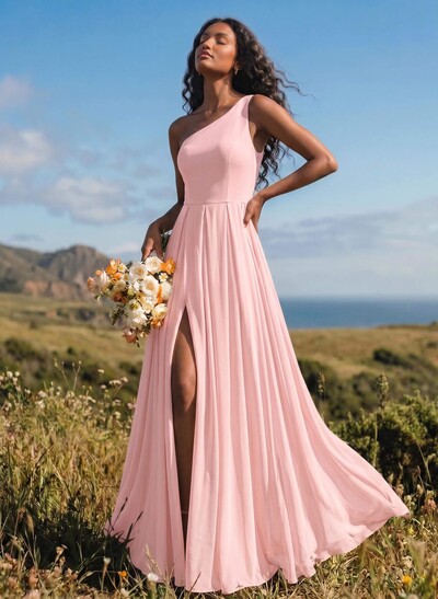 A-Line One-Shoulder Sleeveless Floor-Length Chiffon Bridesmaid Dresses With High Split