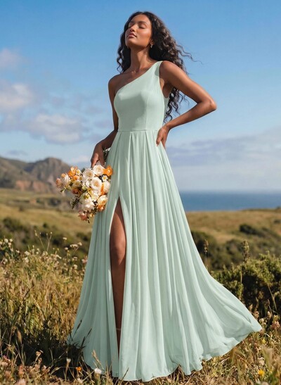 A-Line One-Shoulder Sleeveless Floor-Length Chiffon Bridesmaid Dresses With High Split