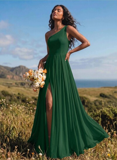 A-Line One-Shoulder Sleeveless Floor-Length Chiffon Bridesmaid Dresses With High Split
