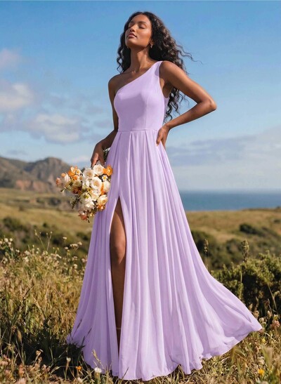 A-Line One-Shoulder Sleeveless Floor-Length Chiffon Bridesmaid Dresses With High Split