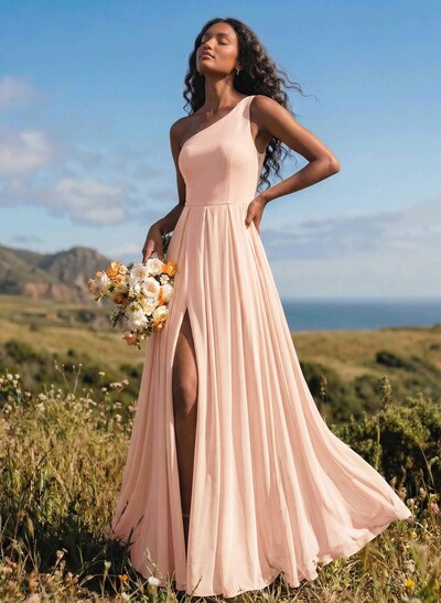 A-Line One-Shoulder Sleeveless Floor-Length Chiffon Bridesmaid Dresses With High Split