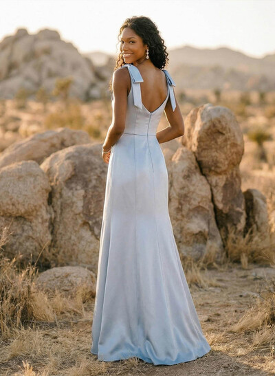 Trumpet/Mermaid Square Neckline Sleeveless Floor-Length Charmeuse Bridesmaid Dresses With Bow(s)/High Split