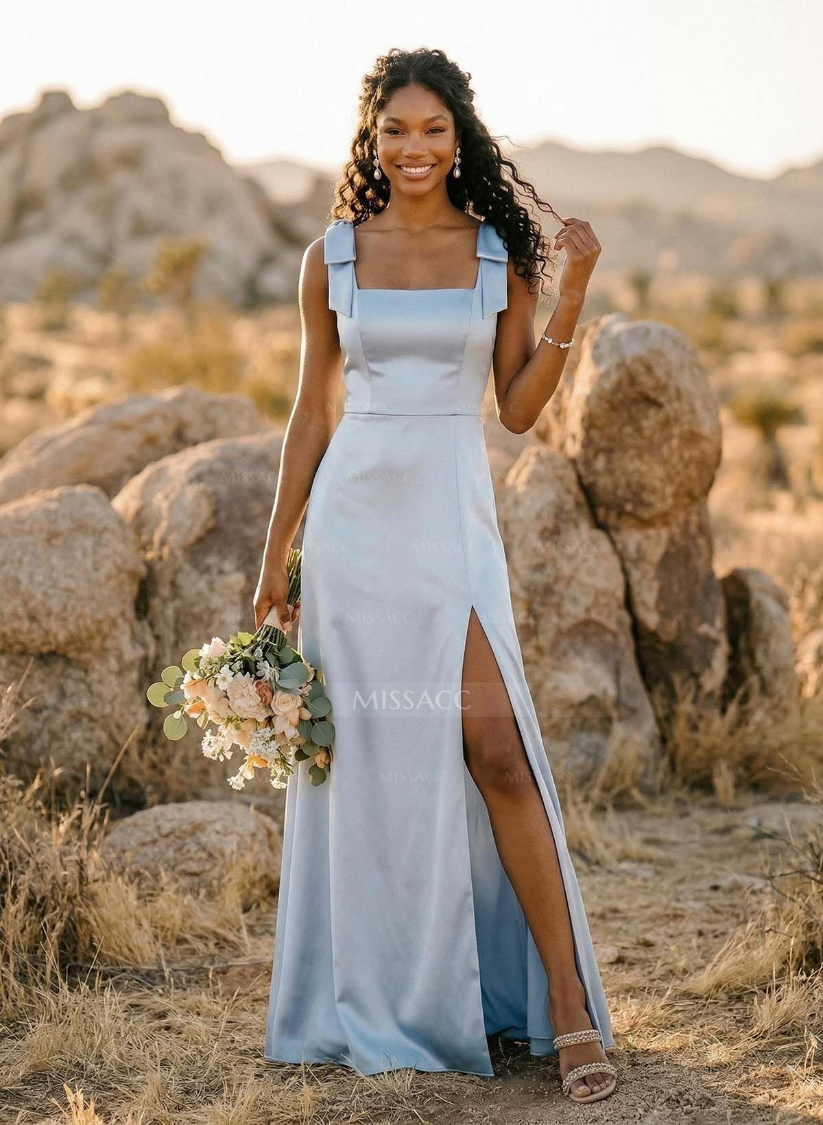 Trumpet/Mermaid Square Neckline Sleeveless Floor-Length Charmeuse Bridesmaid Dresses With Bow(s)/High Split