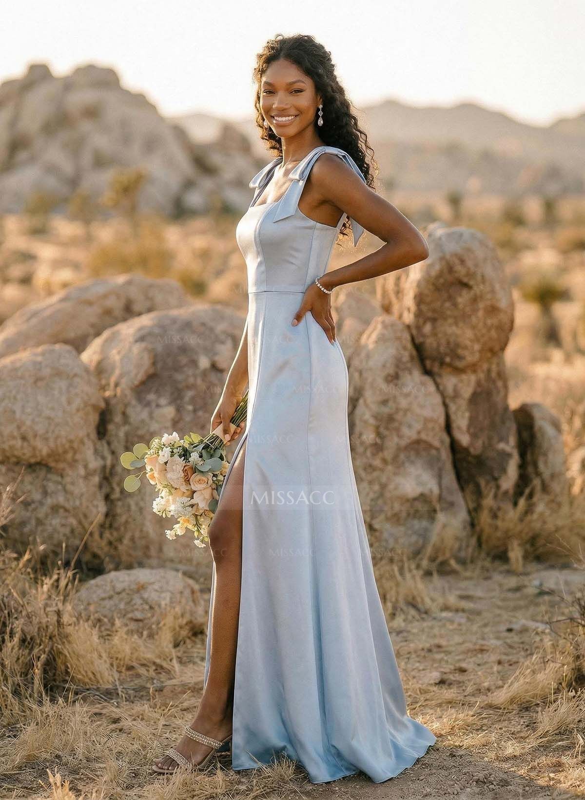 Trumpet/Mermaid Square Neckline Sleeveless Floor-Length Charmeuse Bridesmaid Dresses With Bow(s)/High Split