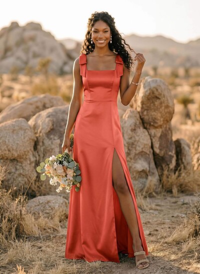 Trumpet/Mermaid Square Neckline Sleeveless Floor-Length Charmeuse Bridesmaid Dresses With Bow(s)/High Split