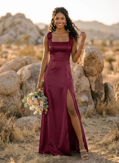 Trumpet/Mermaid Square Neckline Sleeveless Floor-Length Charmeuse Bridesmaid Dresses With Bow(s)/High Split