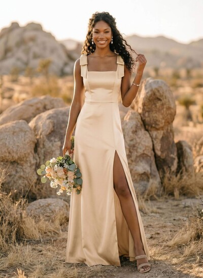 Trumpet/Mermaid Square Neckline Sleeveless Floor-Length Charmeuse Bridesmaid Dresses With Bow(s)/High Split