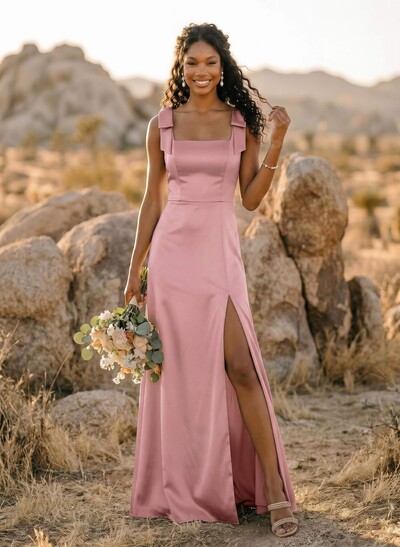 Trumpet/Mermaid Square Neckline Sleeveless Floor-Length Charmeuse Bridesmaid Dresses With Bow(s)/High Split