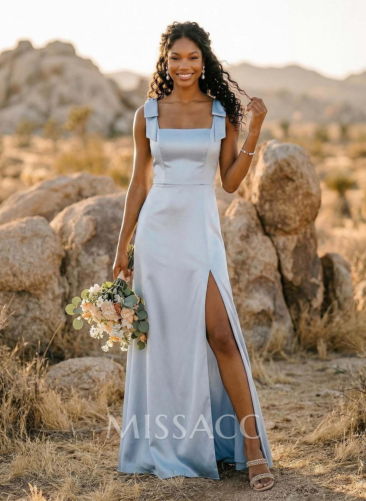 Trumpet/Mermaid Square Neckline Sleeveless Floor-Length Charmeuse Bridesmaid Dresses With Bow(s)/High Split