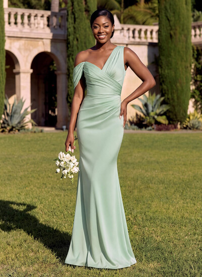 Trumpet/Mermaid Asymmetrical Sweep Train Crepe Satin Bridesmaid Dresses