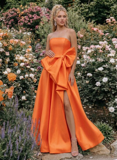 A-Line Strapless Sleeveless Floor-Length Satin Bridesmaid Dresses With Split Front/Bow(s)