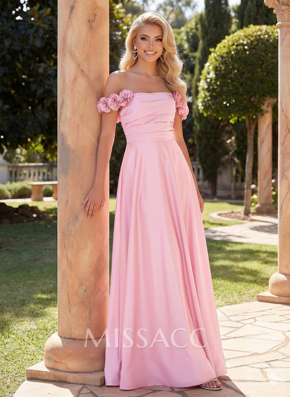 A-Line Off-The-Shoulder Sleeveless Floor-Length Satin Bridesmaid Dresses With Pockets/Flower(s)