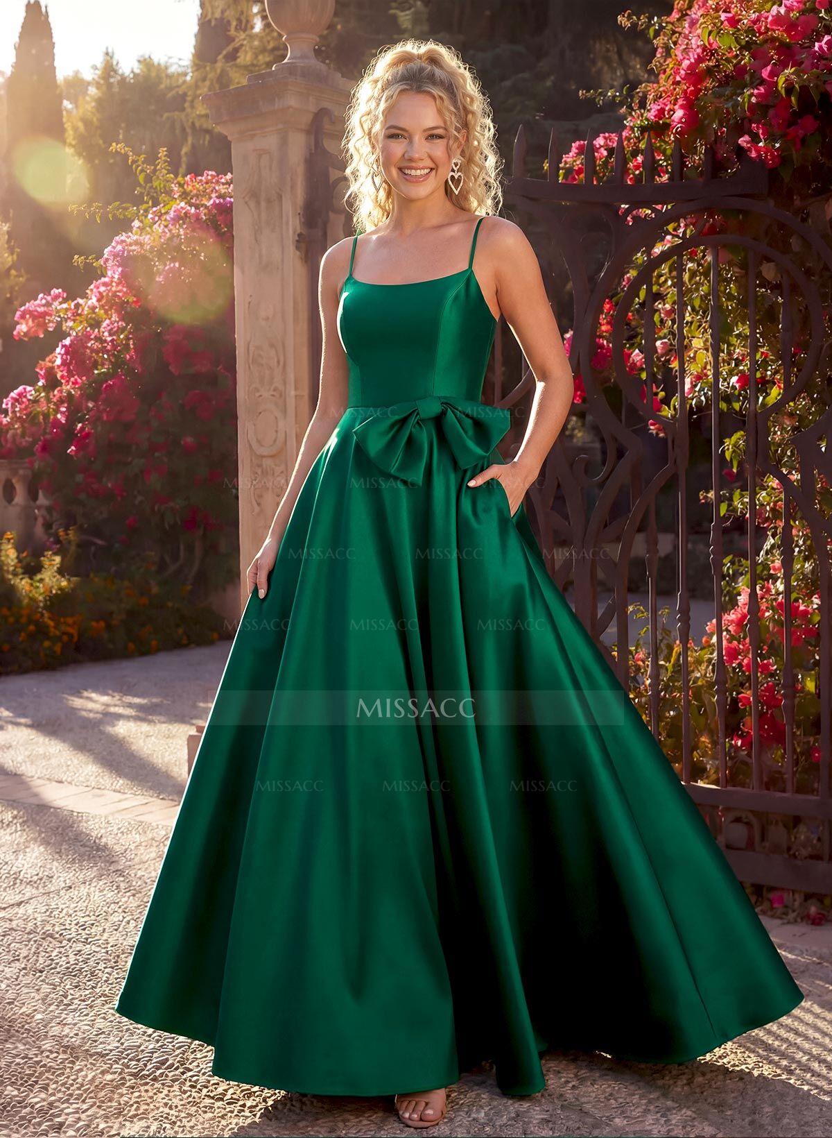 A-Line Square Neckline Sleeveless Floor-Length Satin Bridesmaid Dresses With Bow(s)