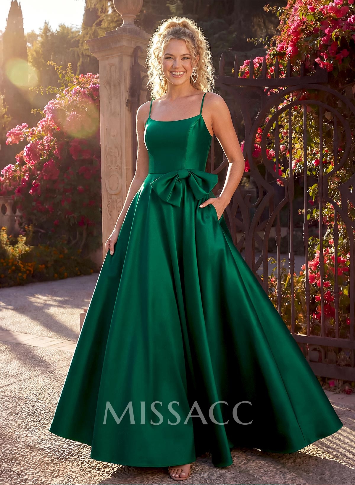 A-Line Square Neckline Sleeveless Floor-Length Satin Bridesmaid Dresses With Bow(s)