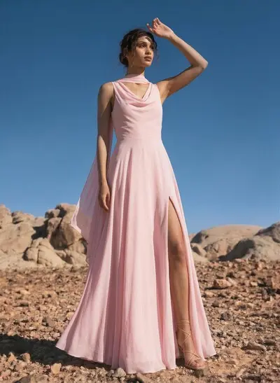 A-Line Cowl Neck Sleeveless Floor-Length Chiffon Bridesmaid Dresses With High Split