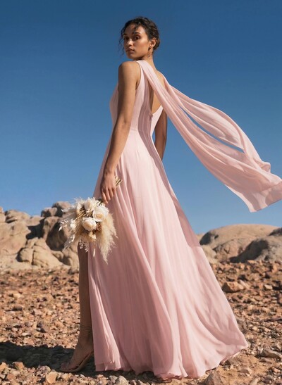 A-Line Cowl Neck Sleeveless Floor-Length Chiffon Bridesmaid Dresses With High Split