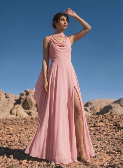 A-Line Cowl Neck Sleeveless Floor-Length Chiffon Bridesmaid Dresses With High Split