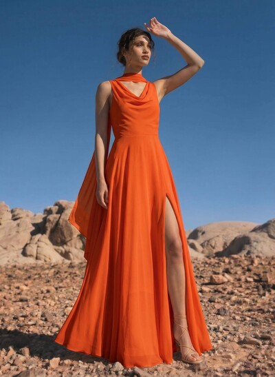 A-Line Cowl Neck Sleeveless Floor-Length Chiffon Bridesmaid Dresses With High Split