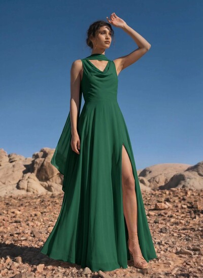 A-Line Cowl Neck Sleeveless Floor-Length Chiffon Bridesmaid Dresses With High Split