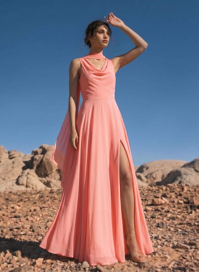 A-Line Cowl Neck Sleeveless Floor-Length Chiffon Bridesmaid Dresses With High Split