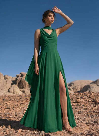 A-Line Cowl Neck Sleeveless Floor-Length Chiffon Bridesmaid Dresses With High Split