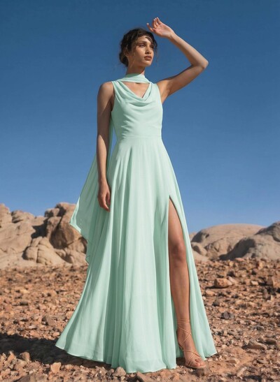 A-Line Cowl Neck Sleeveless Floor-Length Chiffon Bridesmaid Dresses With High Split